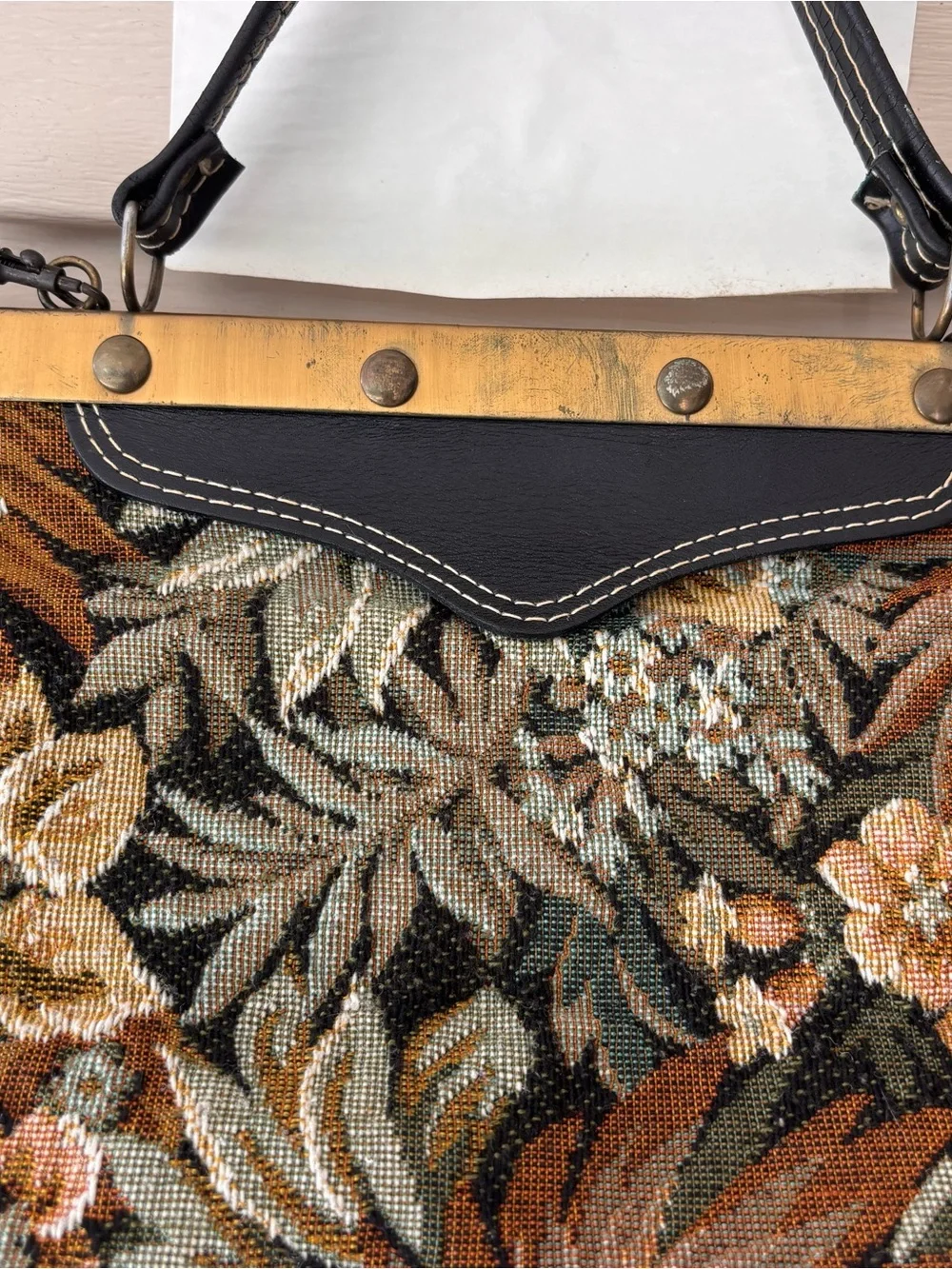 Vintage Floral Tapestry Top-Handle Bag in Brown and Black
